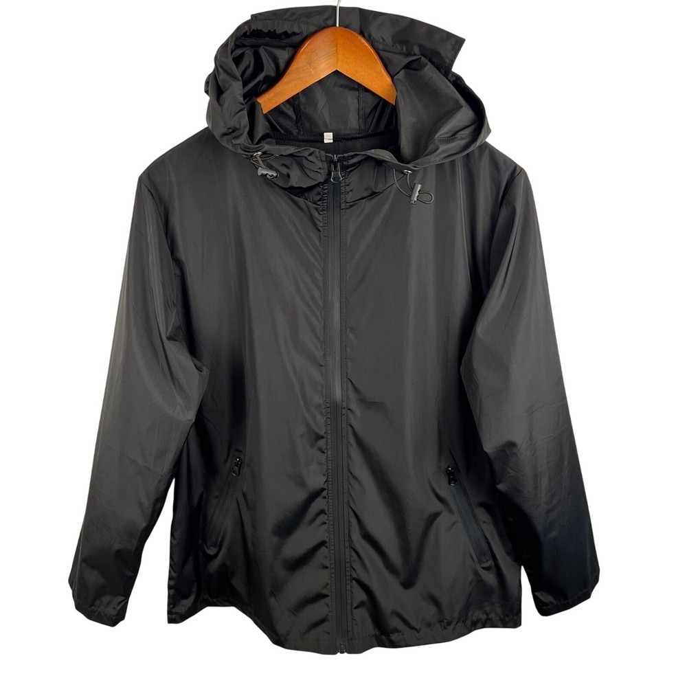 Black Packable Windbreaker Jacket Womens Small Hooded Reflective Lightweight